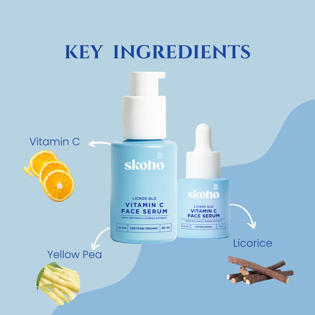 SKOHO Organic Vitamin C Face Serum with 98.932% Naturality | Reduces dark spots & Hyper Pigmentation | Licorice, Natural Peptides, Vitamin C | 30ml, Natural