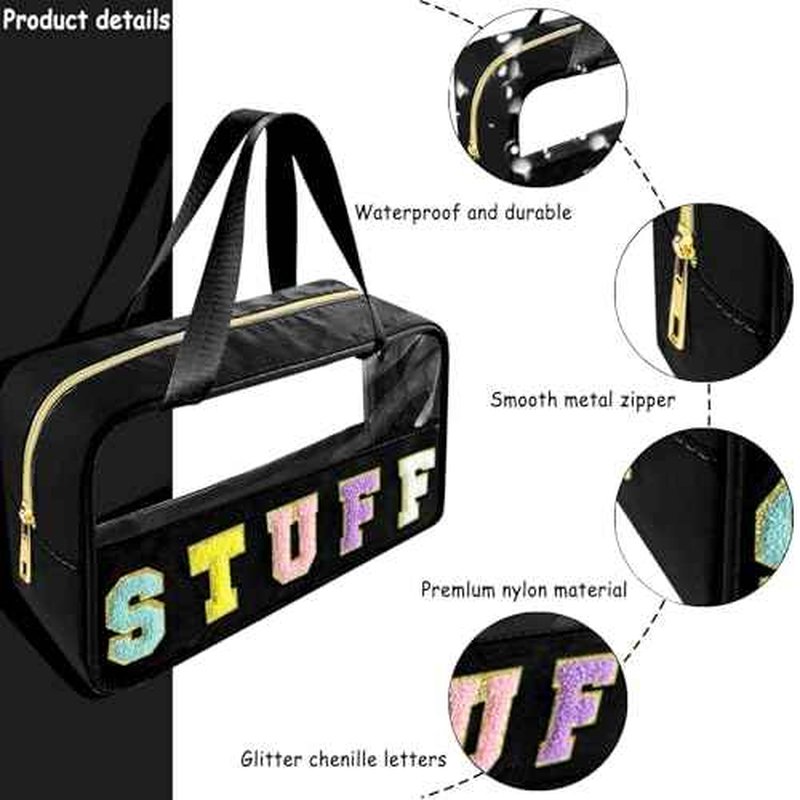 Chenille Letter Clear Makeup Bag Stuff Patch, Travel Toiletry Makeup Bag with Handle, Nylon Waterproof Makeup Bags clear cosmetic bag, preppy patch makeup bag for Women (STUFF-Black)
