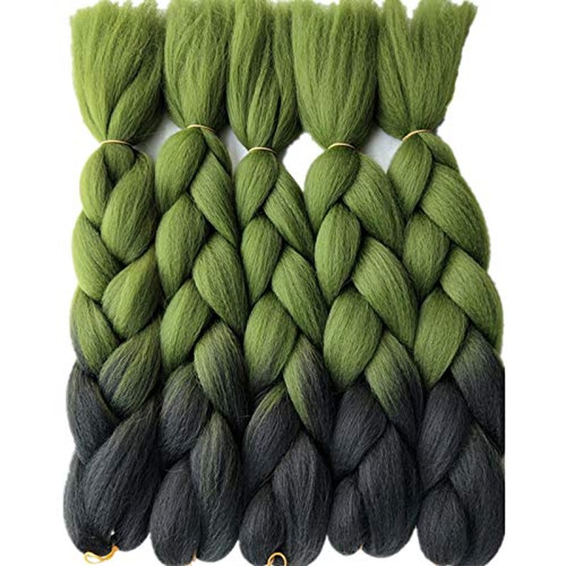 Ombre Color Synthetic Braiding Hair Extensions - 24 Inch Jumbo Braids | Black to Olive Green, 5 Packs for Crochet Twist Box Braids