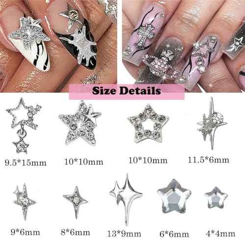 55pcs Y2K Star Nail Charms - 3D Nail Art Charms, Silver Star Rhinestones for Women & Girls (9 Styles)