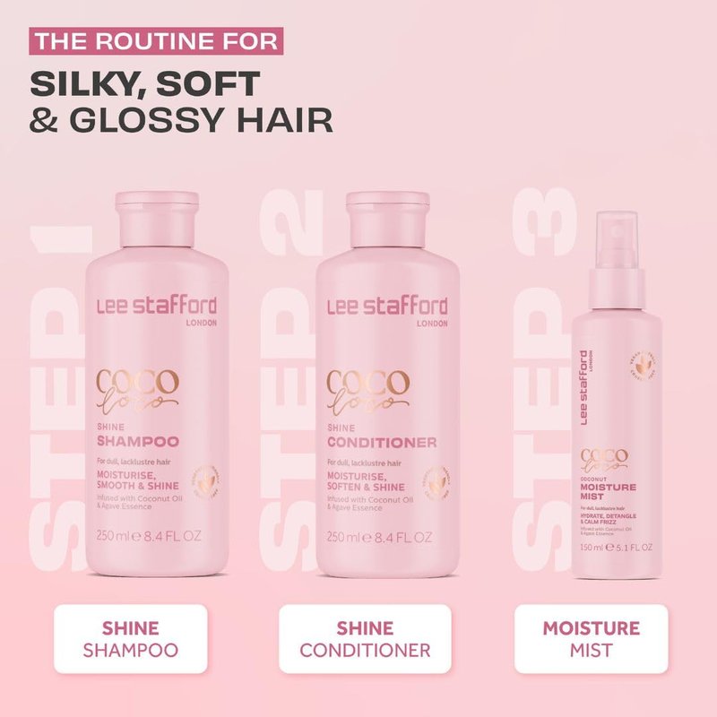Lee Stafford Shine Shampoo | Coco Loco - Best Moisturizing Lightweight Shampoo for Dry, Dull Hair, Radiant High Gloss Sleek Silk Shiny Finish, Packed with Coconut Oil for Rich Moisture, 250 ml