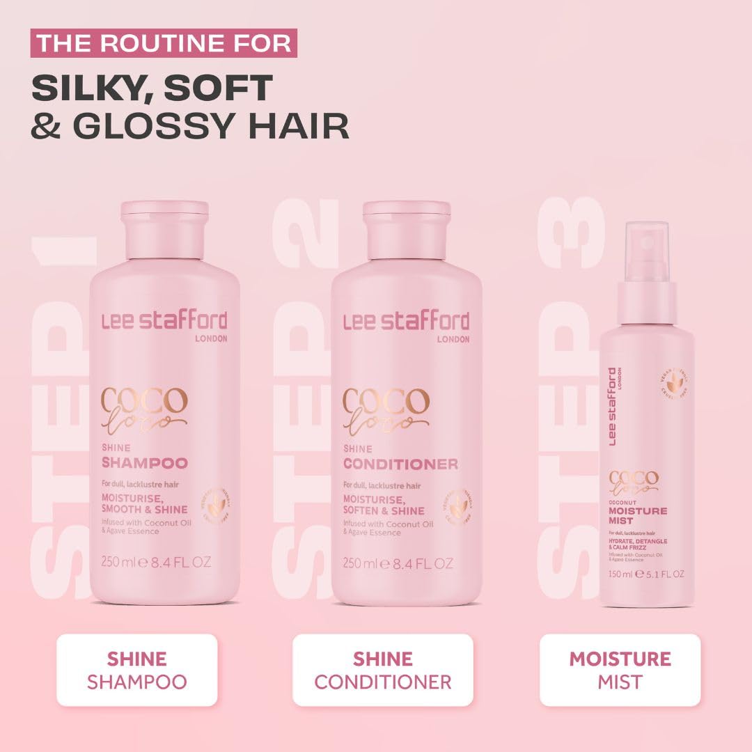 Lee Stafford Shine Shampoo | Coco Loco - Best Moisturizing Lightweight Shampoo for Dry, Dull Hair, Radiant High Gloss Sleek Silk Shiny Finish, Packed with Coconut Oil for Rich Moisture, 250 ml