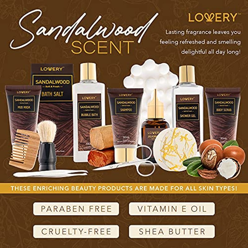 Christmas Mens Gift Set, 14Pc Sandalwood Bath Gift Set, Personal Self Care Kit, Gifts from Son, Relaxing Man Gift Basket for Dad, Boyfriend, Husband, Birthday Basket, Grooming & Skin Care for Men