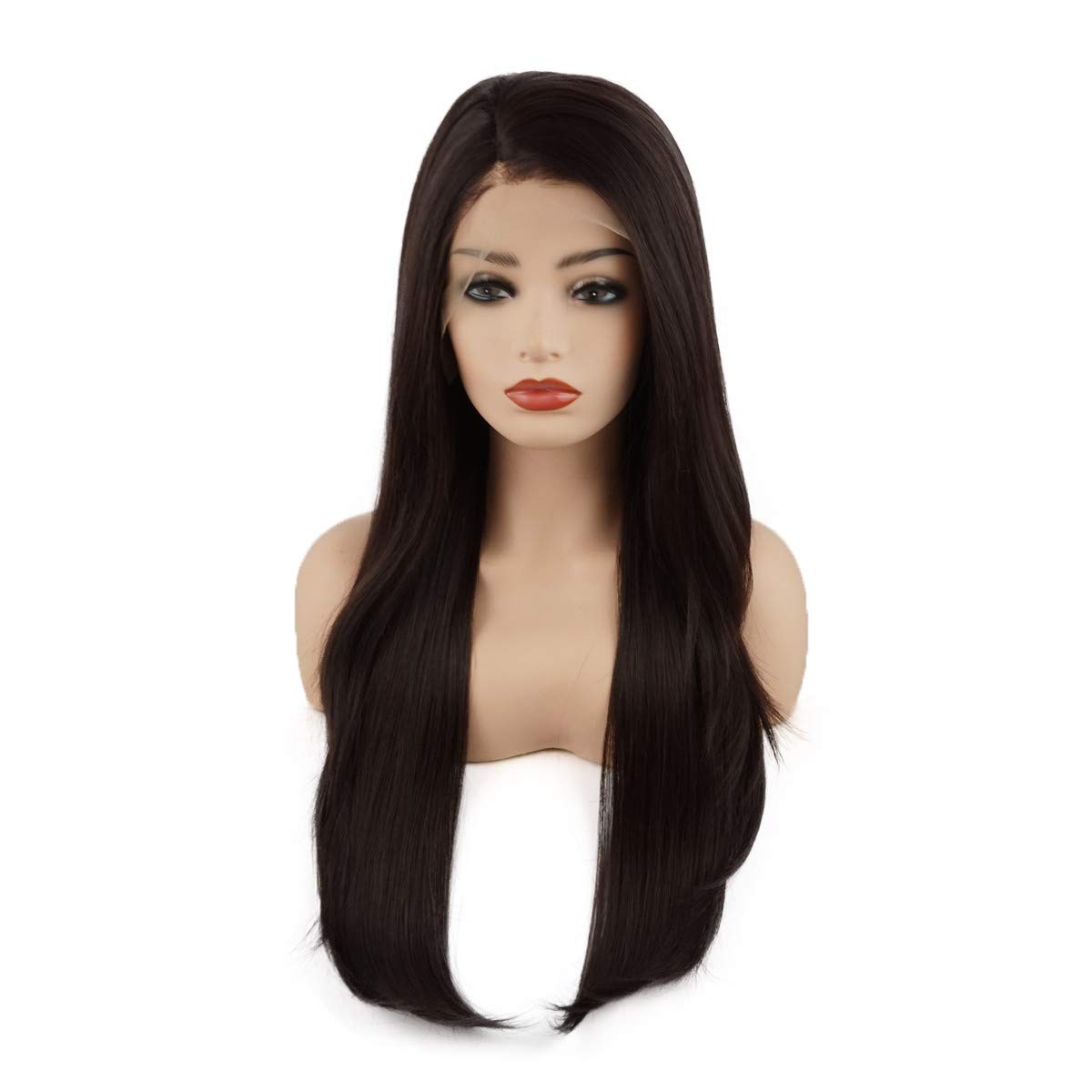 Meiyite Hair Straight Long 24inch Dark Auburn Heavy Density Realistic Heat Resistant Synthetic Lace Front Wig