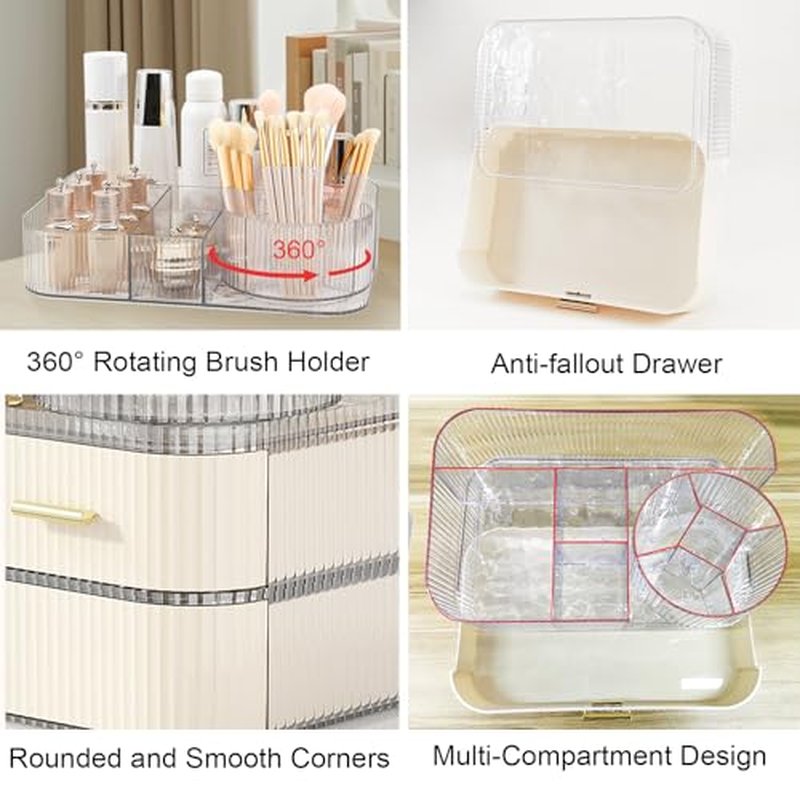 DASITON Makeup Organizer with Drawers and Rotating Makeup Brush Holder,Large Capacity Stackable Cosmetic Organizer Countertop,Bathroom Organizers and Storage,Make up Organizers for Vanity (Clear 02)