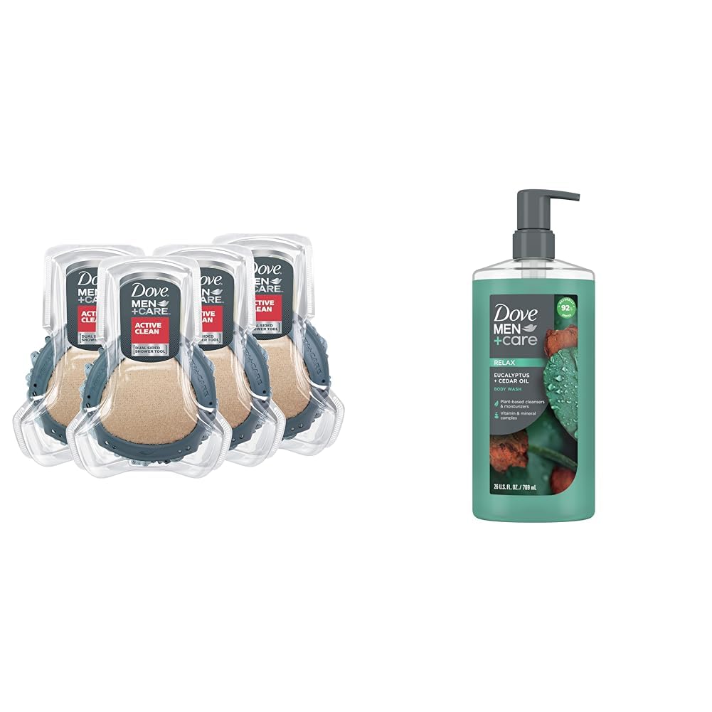 DOVE MEN + CARE Shower Tool For Stronger, Healthy-Feeling Skin Active Clean Scrubs and Exfoliates Body Wash Eucalyptus + Cedar Oil to Rebuild Skin in the Shower