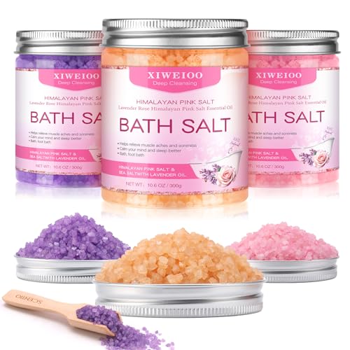 Bath Salts for Soaking Himalayan Pink Bath feet soka sea Salt 3 Set Kit Lavender Orange Rose Scent Epsom Salt Tea Tree Oil Natural Soaking spa Set Christmas Gifts for Woman Mom Gifts Set
