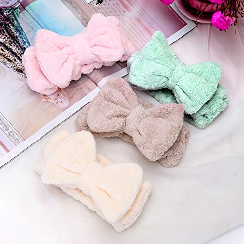 4 Pack Makeup Spa Headband Microfiber Bow Towel Soft Fluffy Washing Face Headband for Women Girls Shower Bath Skincare (Light Pink, White, Green, Brown)