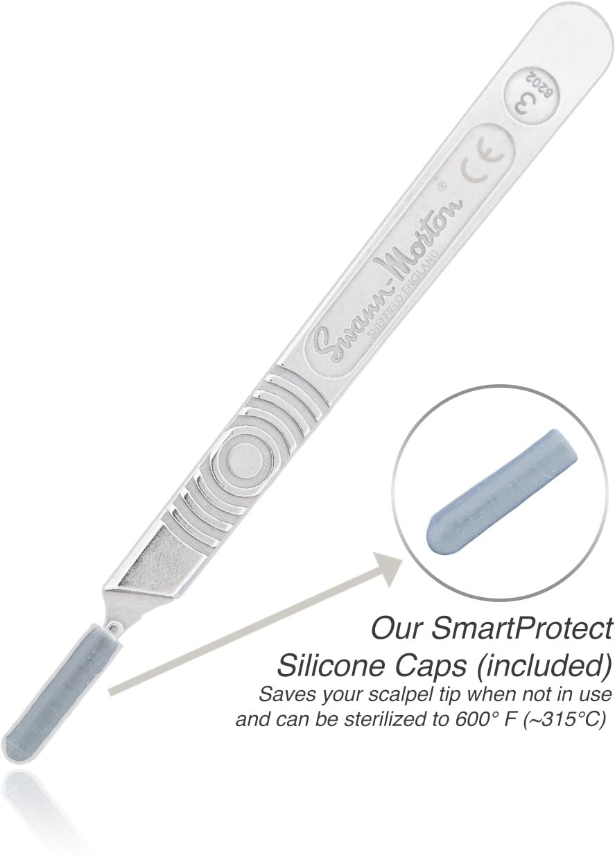 Kimball Med Scalpel Handle Swann Morton No 3 for blades 10, 10R, 11, 15, 15a Stainless Steel Blade Carry Case and 2 Scalple Handle Tip Protectors
