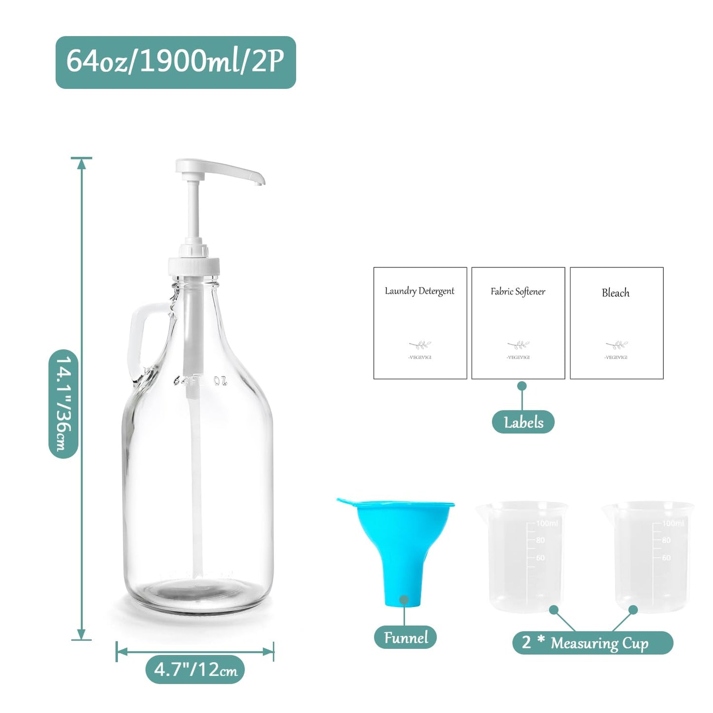 VEGEVIGI Glass Laundry Detergent Dispenser with Pump, 64OZ Liquid Laundry Soap Dispenser, Fabric Softener Dispenser Bottle for Laundry Room Organization and Storage, 2 Pack