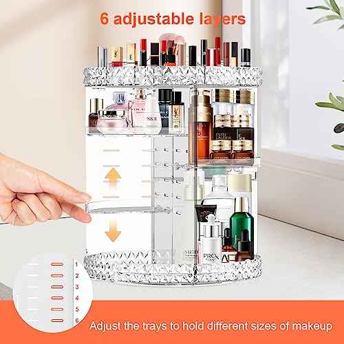 360 Rotating Makeup Organizer for Vanity + Makeup Brush Holder,Perfume Organizer with 6 DIY Adjustable Layer,Large Capacity Skincare Organizers,Lazy Susan Make up Organizer for Bedroom Dresser,Clear
