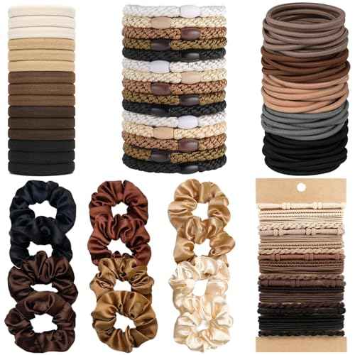 Hair Ties for women 5 styles Hair Elastics(15 No Damage Hair Ties 50 High Elastic Ties 15 Ponytail Holders 12 Satin Scrunchies 20 Boho hair Bands)Pain-free No Crease multiple colors for all hair types