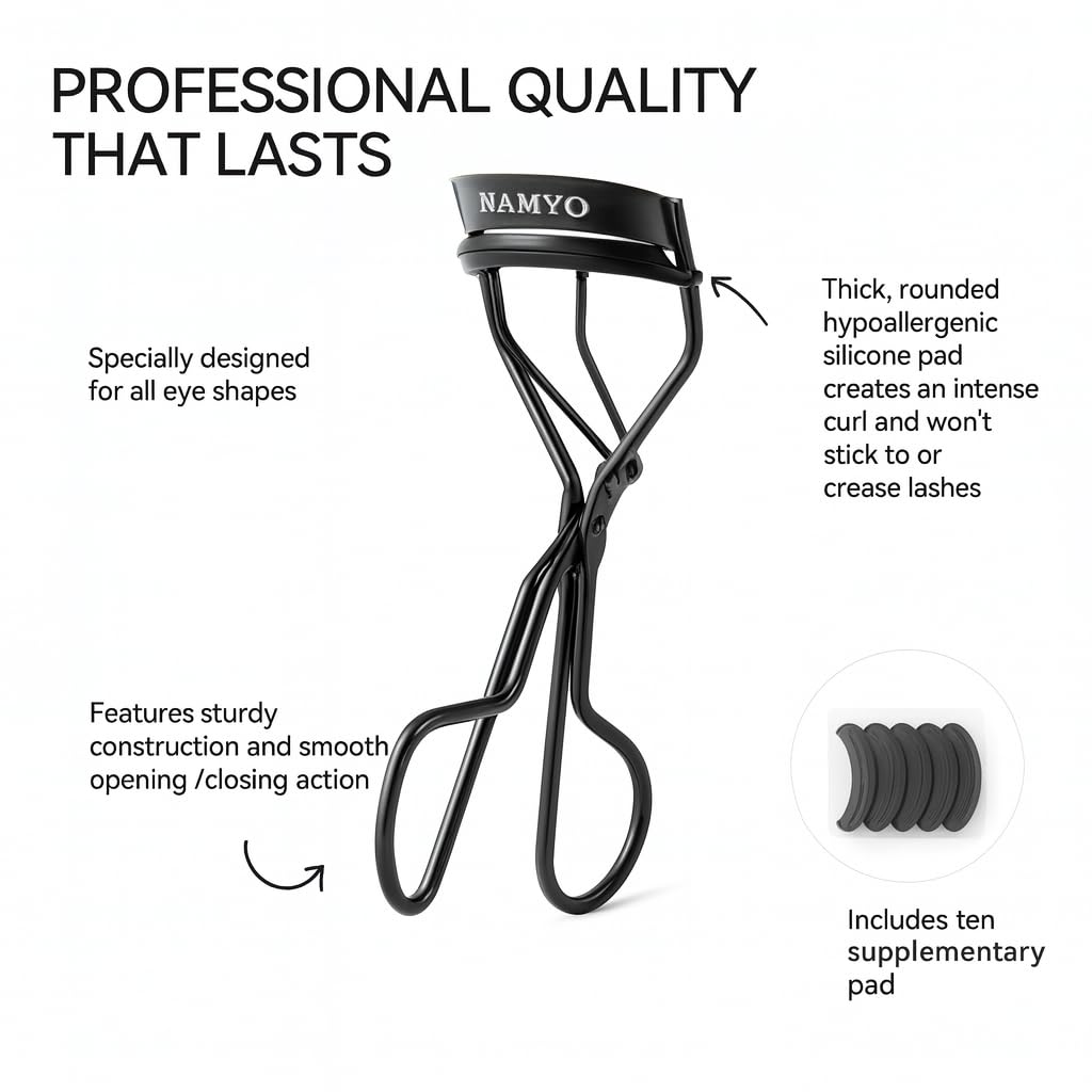 NAMYO Eyelash Curler – Precision Lash Curler for Almond, Hooded and Deep-Set Eyes with Ergonomic Handle and Refill Pad – Compact Travel Size - Grey