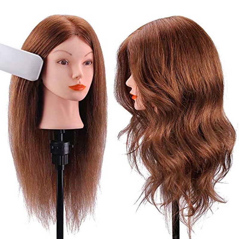 Mannequin Head with 100% Human Hair, TopDirect Real Hair Cosmetology Mannequin Head Hair Styling Hairdressing Practice Training Doll Head with Clamp Holder and Tools (Dark Brown)