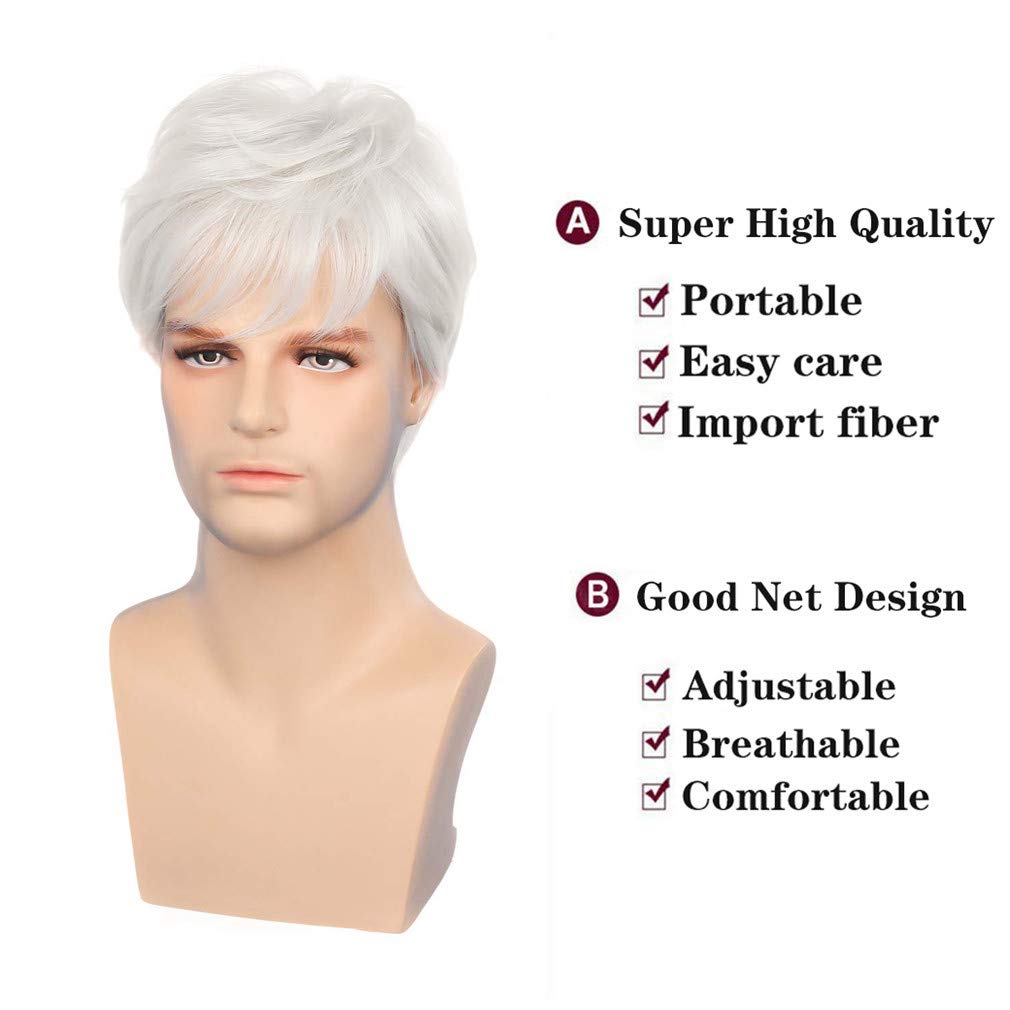 Sallcks Mens White Wigs Short Layered Natural Cosplay Costume Halloween Synthetic Heat Resistant Replacement Wigs