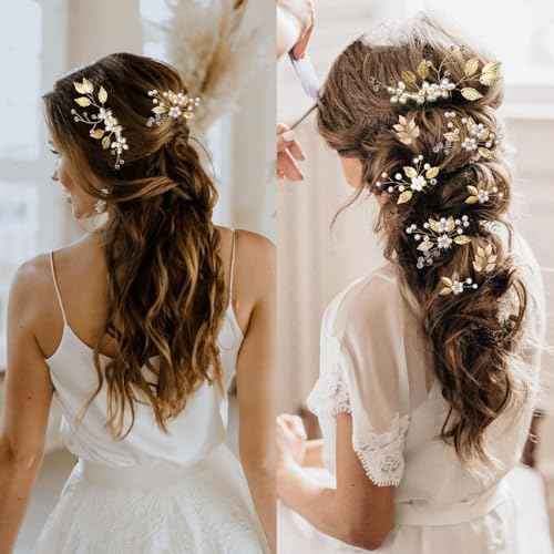 10PCS Gold Leaf Wedding Hair Pins Rhinestone Pearl Hair Jewelry Accessories Crystal Vintage Wedding Hair Styling Pins for Brides Bridesmaids and Flower Girls