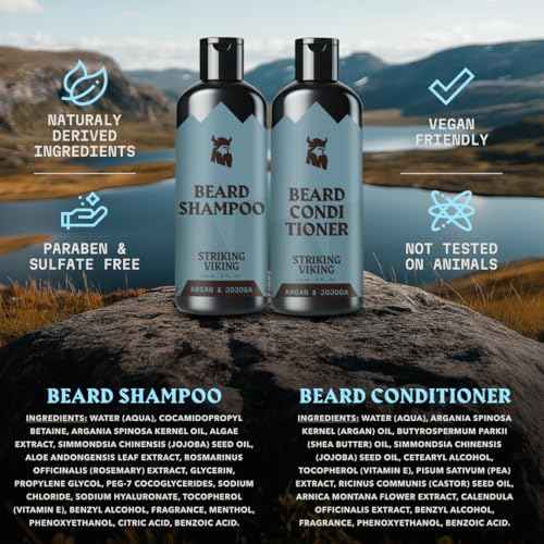 Striking Viking Beard Shampoo and Conditioner Set ? 4 Fl Oz Each, Fresh Masculine Scent - Beard Wash and Conditioner for Men - Cleanses & Softens, with Argan & Jojoba Oil - Sulfate & Paraben Free