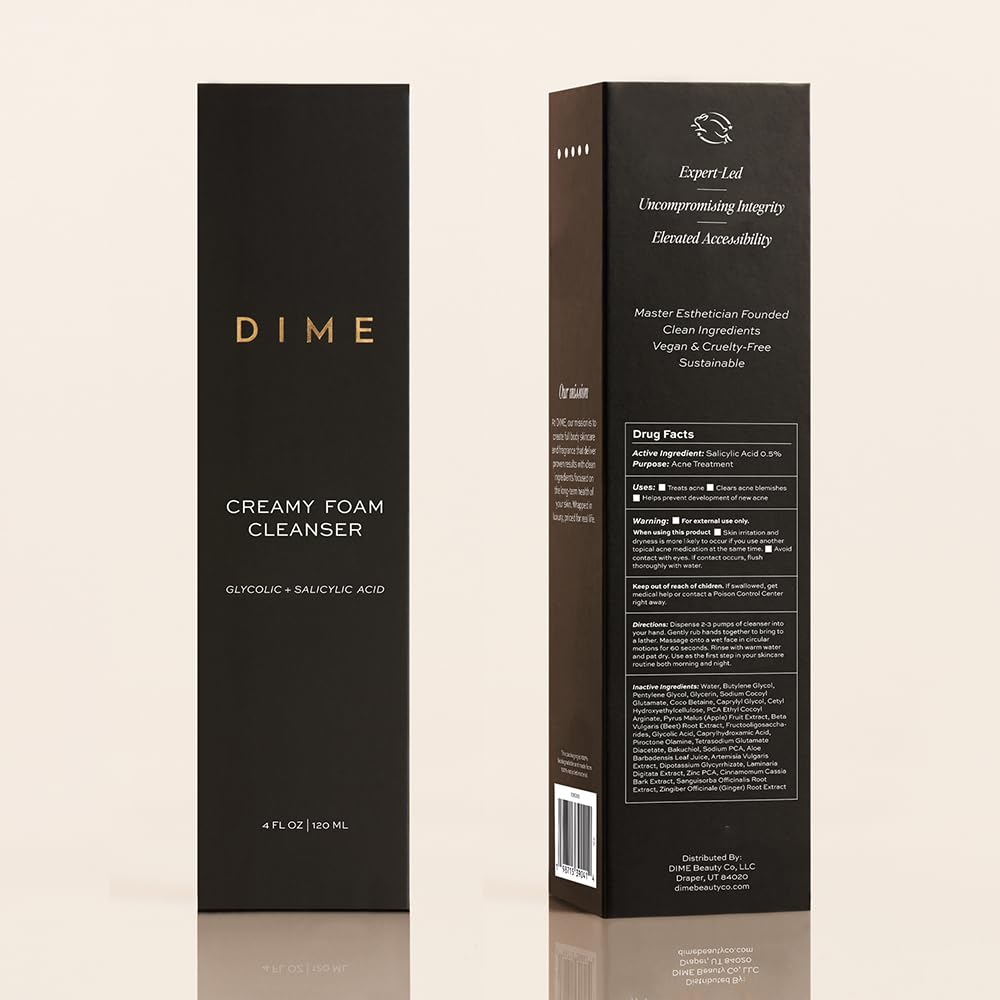 DIME Beauty Creamy Foam Cleanser - Daily Foaming Face Wash with Salicylic & Glycolic Acid | 4 oz - Vegan, Gentle for Acne-Prone Skin
