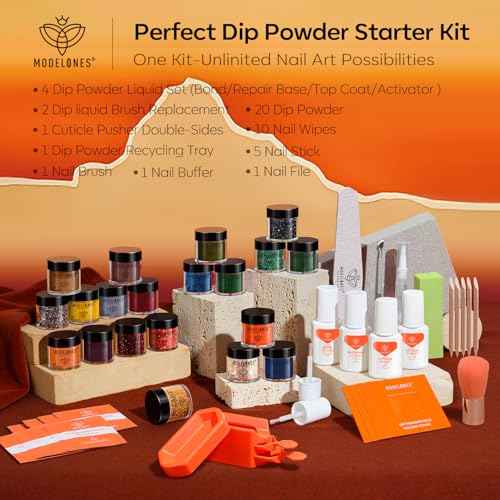 Modelones Fall Dip Powder Nail Kit 20 Colors, Orange Red Green Brown Glitter Dipping Powder Starter Set Base&Top Activator Liquid French Nail Art Salon DIY Kit Gifts for Women