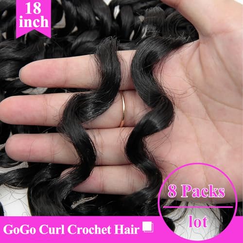 18 Inch Pre Looped Crochet Hair for Black Women - Gogo Curl/Beach Curl/Ocean/Water/Deep Wave Crochet Hair 8 Packs, Synthetic Hair Tangle-Free Natural Look Curly Hair Extensions (1B)