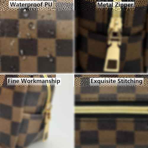bopomofo Brown Checkered Cosmetic Bag 3 Pack,1 Big Pouch,1 Makeup Brushes Holder, 1 Coin Purse,Portable Travel Makeup Bag Set Lightweight and Waterproof Storage Bag Organizer (Brown Checkered 3 Pcs)