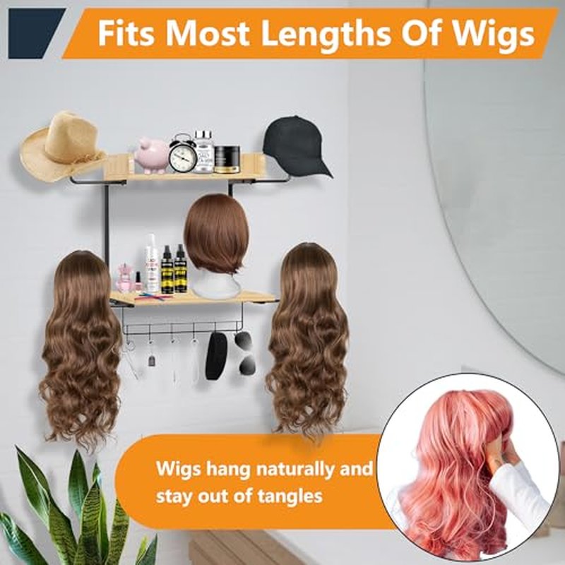 Hanging Wig Organizer with 6 Hooks, Wall Mounted Wig Stand and Wooden Storage Shelf
