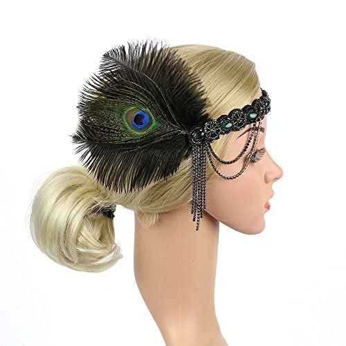 STIOEDYUAN 1920s Feather Headband Flapper Headpiece Beaded Gatsby Rhinestone Hair Chain Accessories Women Tassel Headdress