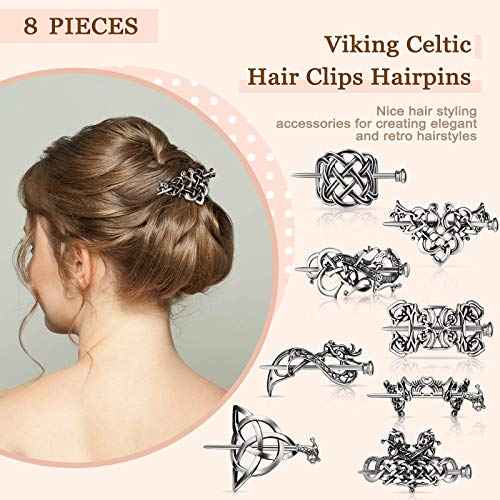 WILLBOND Hair Clips, 8 Pcs Viking Celtic Hairpins Vintage Celtic Knot Hair Sticks, Retro Silver Alloy Hair Barrette Jewelry Accessories for Women Girls