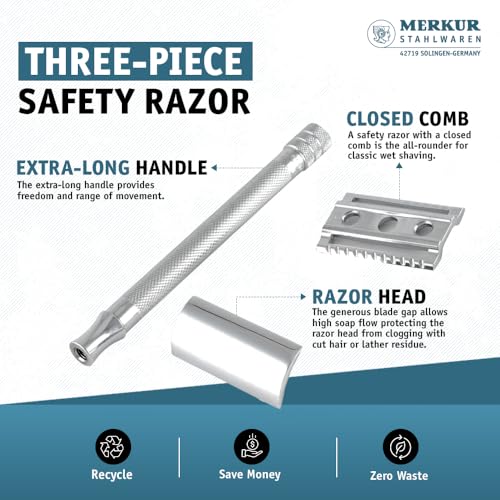 MERKUR 24C Safety Razor For Women with 10 Double Edge Blades | Extra Long Handle | Three-piece Razor | Straight Cut | Bright Chrome Finish | Made in Germany