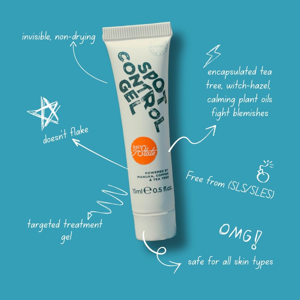 31st State Spot Control Gel - Acne Treatment, Reduces Redness - Clear Gel, Quick-Dry - Vegan, Gluten-Free, Paraben-Free and SLS/SLES-Free - 15ml
