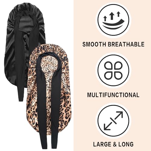 2Pcs Bonnets for Black Women Braid Bonnet, Large Long Satin Bonnet for Braids, Silk Bonnet with Stretchy Tie Band Sleep Cap Hair (2Pcs-Black&Leopard)