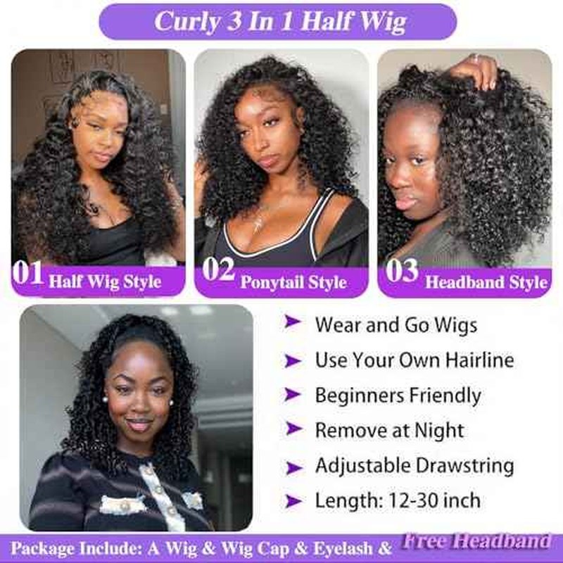 Deep Wave Half Wig Human Hair 3 In 1 Seamless Flip Over Half Wigs 180 Density 26 Inch Drawstring Curly Half Wigs for Women Human Hair Glueless Wear and Go Half Up Half Down Headband Wig Human Hair