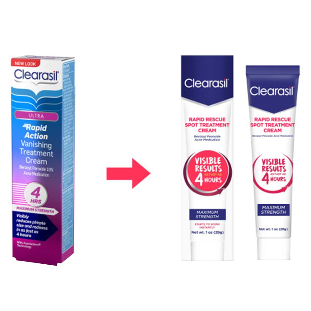 Clearasil, Cream Rapid Rescue Spot Cream with Benzoyl Peroxide Medication for Relief in as fast as 4 hours, Vanishing Acne Treatment, 1 Ounce