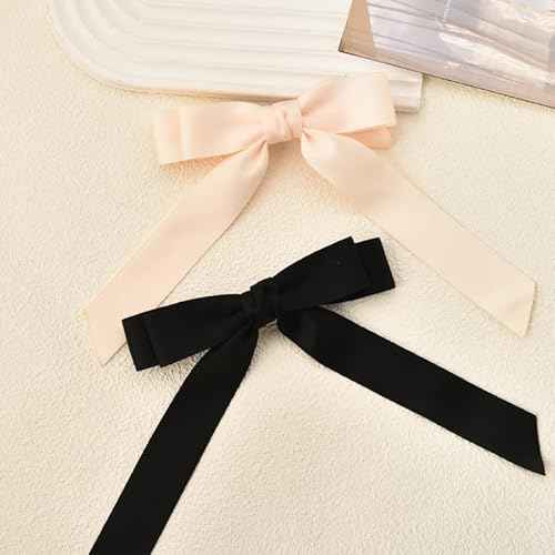 Ribbon Hair Bow Clips for Women and Girls - Black French Barrettes, Large Bowknot Hair Pins and Clips, 2 Pcs