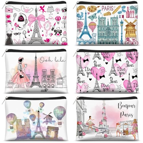 Reginary 6 Pcs City Cosmetic Bag Souvenir Gifts New York Zipper Pouch Chicago Souvenir Seattle Boston Nashville London Paris Italy Alaska Gifts Memento for Women Traveler(Paris)
