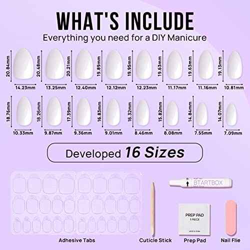 BTArtbox White Press On Nails Short - Soft Gel Press on Nails Almond, White Glue on Nails with Nail Glue, Reusable Stick on Nails in 16 Sizes, Cream Puff