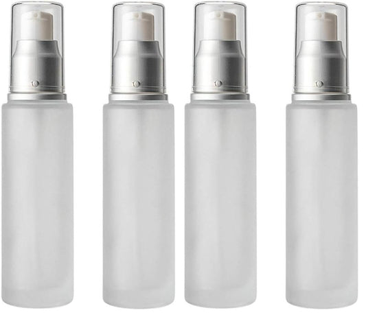 2PC Empty Glass Refillable Dispenser Pump Lotion Bottle White Frosted Cosmetic Pump Bottle Containers For Skin Care Cream Liquid Essential Oil (100ML/3.4oz) (Pack of 2)