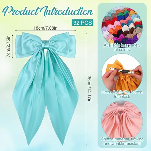 32Pcs Satin Hair Bows Bulk Big Hair Bows for Women Large Hair Ribbons Silky Satin Oversized Hair Bows Long Tail Large Hair Barrettes Hair Cute Oversized Bow Hair Clips with Long Tails