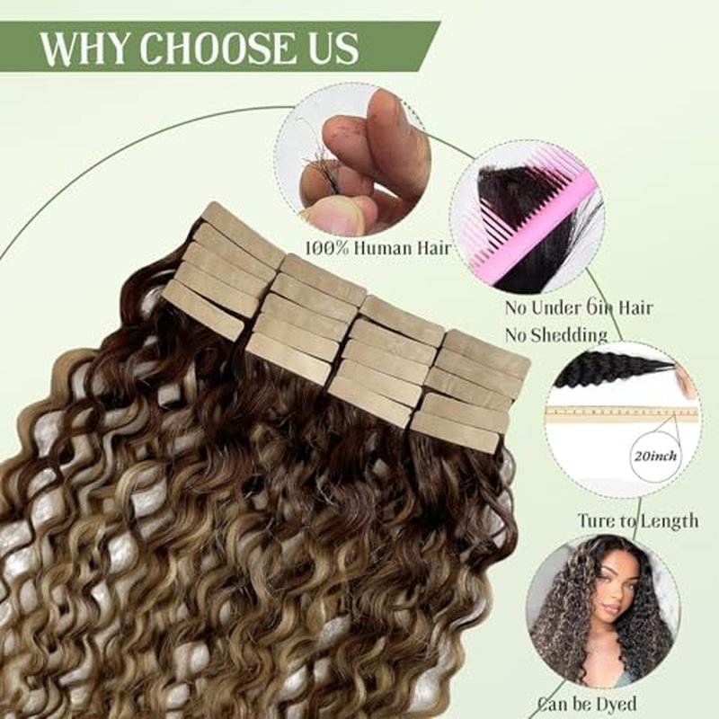 Water Wave Tape in Hair Extensions Strawberry Blonde Ombre Remy Thick Tape ins Human Hair Extensions Seamless Invisible Double Sided Skin Weft Curly Wavy Tape ins 22in 50Grams Add Volume