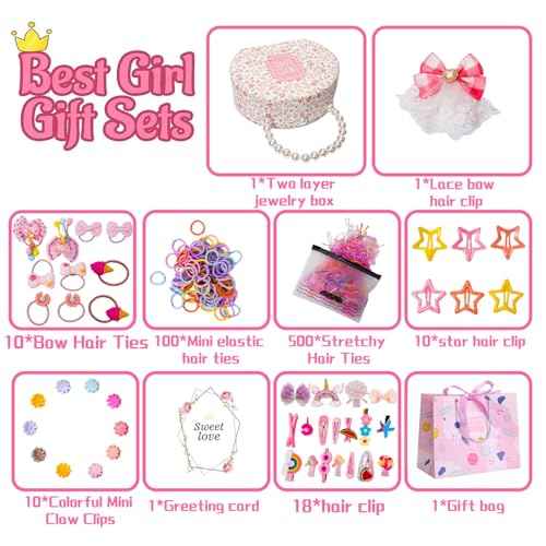Girls Jewelry Set with Hair Accessories: Clips, Barrettes, Ties, Bows, and Round Jewelry Box - Christmas Gift for Ages 3-12