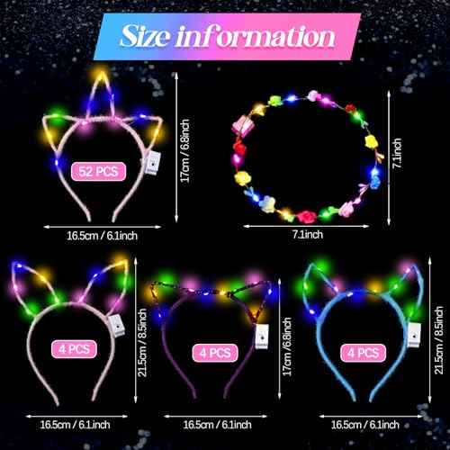 Xinnun 50 Pcs LED Cat Ear Headbands Bulk, Light up Flower Headband Glow Crown Rabbit Ear Head Accessories for Glow in the Dark Party (Unicorn)