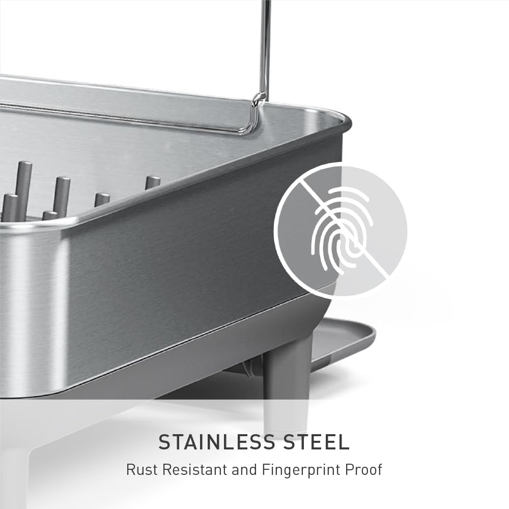 simplehuman Steel Frame Dishrack, Large Capacity Dish Drying Rack, 360º Easy Drain Swivel Spout, Utensil & Wine Glass Holder, Anti-Residue Coating, Moisture Control Surface, Brushed Stainless Steel