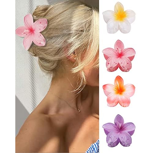 Flower Hair Claw Clips-4PCS for Thick Hair,Strong Hold Nonslip,Hawaiian,Cute Large Hair Clips,Banana Clip for Thin Hair,Hair Accessories for Women Girls Holiday Gifts (A-4pcs large colorful