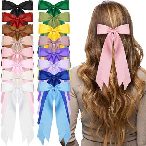 Mimorou 16 Pcs Satin Hair Bows for Women Girls Bulk Long Hair Bow Clips with Long Tail Silky Ribbon Barrettes Ponytail Holder Accessories Christmas Birthday Wedding Holiday Gifts