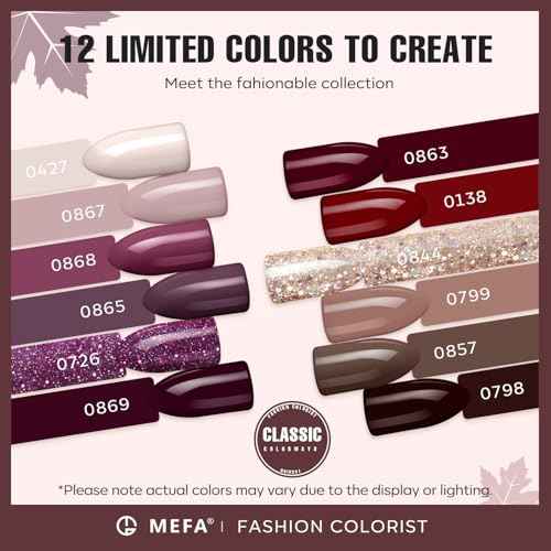 MEFA Fall Gel Nail Polish Set, 12 Colors Burgundy Red Nail Polish Set Champagne Gold Glitter Nail Polish Gel Soak Off Dark Red Purple Shimmer Nude Brown Manicure Gifts for Women Girl DIY Salon Home