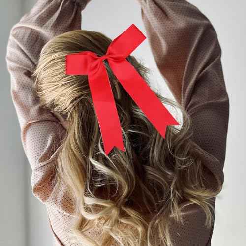 30 PCS College Style Cheer Bows Collegiate Long Tail Skinny Cheer Bow Elastic Hair Tie Bows for Teens Girls Softball Competition Sports Cheerleaders (Red)