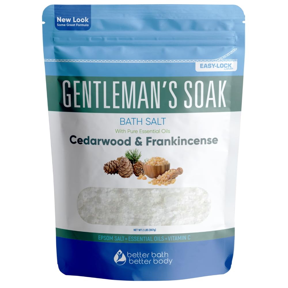 Gentleman's Bath Salt 32 Ounces (2 Lbs) Epsom Salt Soak for Men with Natural Cedarwood and Frankincense Essential Oils Plus Vitamin C in BPA Free Pouch with Easy Press Lock Seal Made in USA