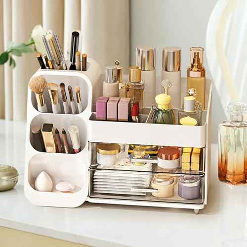 Makeup Organizer Countertop, Vanity Organizer with Brush Holder, Cosmetic Display Case with Drawers, Skincare Organizer for Dresser, Bathroom, Makeup Storage Holder for Women Christmas gifts