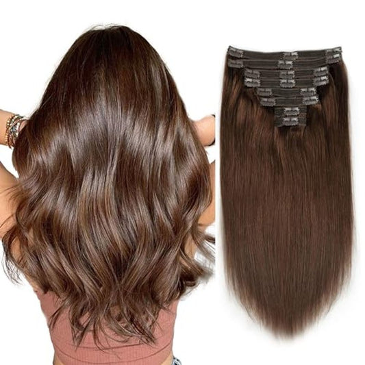 Clip in Hair Extensions Real Human Hair Chocolate Brown Hair Extensions Clip in Human Hair 8 Pcs 120g Straight Remy Hair Extensions(4,14inch)