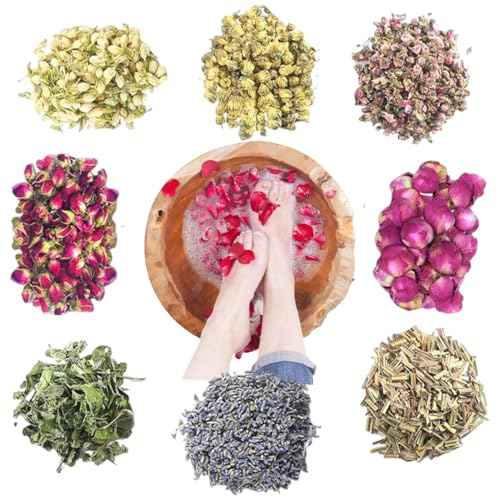 Dried Flowers Pedicure Foot Soak Kit,8 Bags Set for Dry Tired Feet,Including Rose Buds,Lavender,Jasmine,Chrysanthemum,Lemongrass,Mint, Peony,Peach Blossom